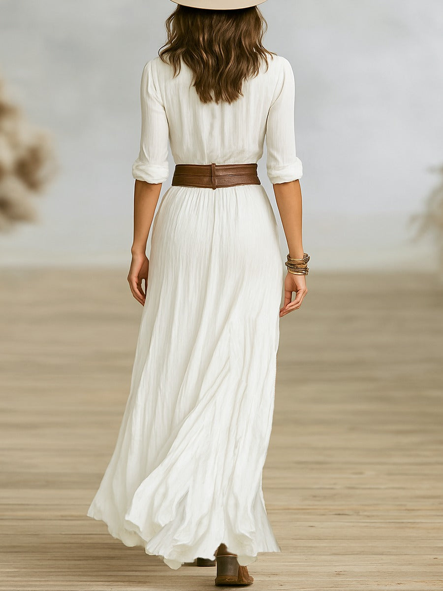 Amandine | Robe longue ceinturée à revers plissés